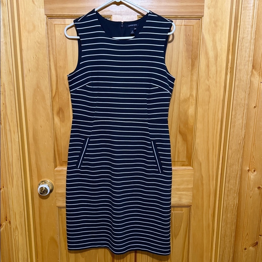 Lands' End Navy & White Striped Mini Sleeveless Dress, Size 10.